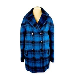 COACH Wool Black & Blue Plaid Double Breast Peacoat Coat‎ New with tags